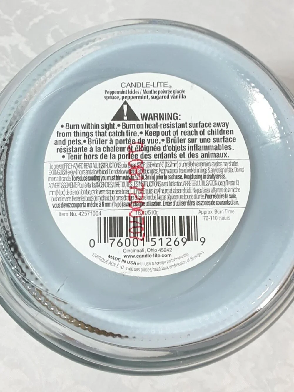 Unlit, Limited Edition Peppermint Icicles, Candle-Lite 18 oz Scented Candle, jar